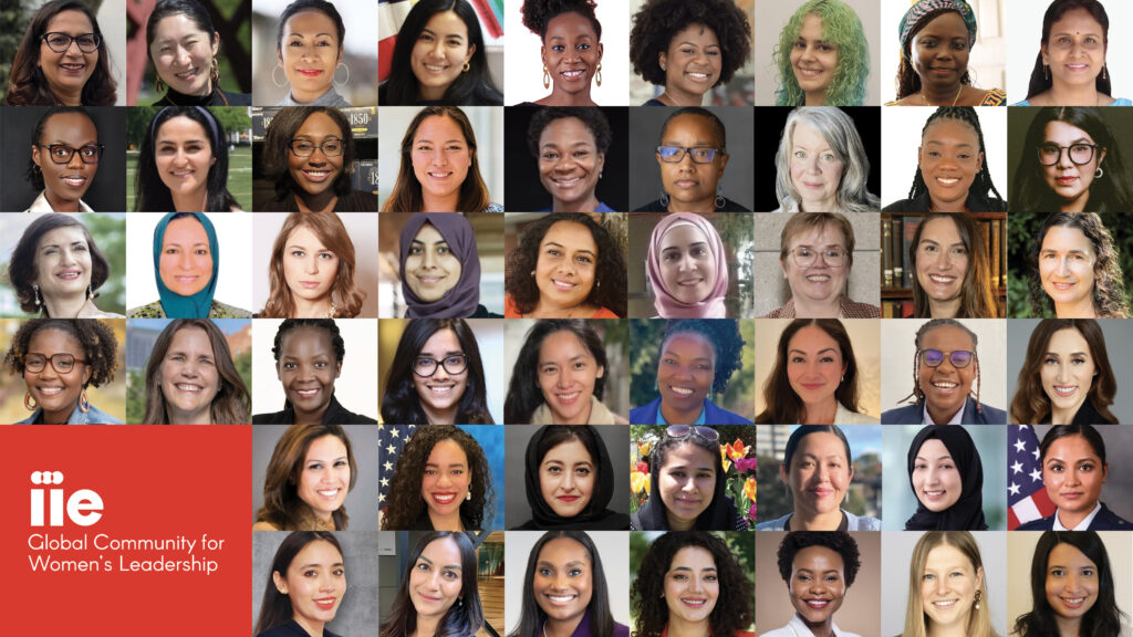 Graphic of a photo collage including headshots of the 50 women who make up the first cohort of IIE's Global Community for Women's Leadership. The program logo appears in a red box at the bottom left corner.